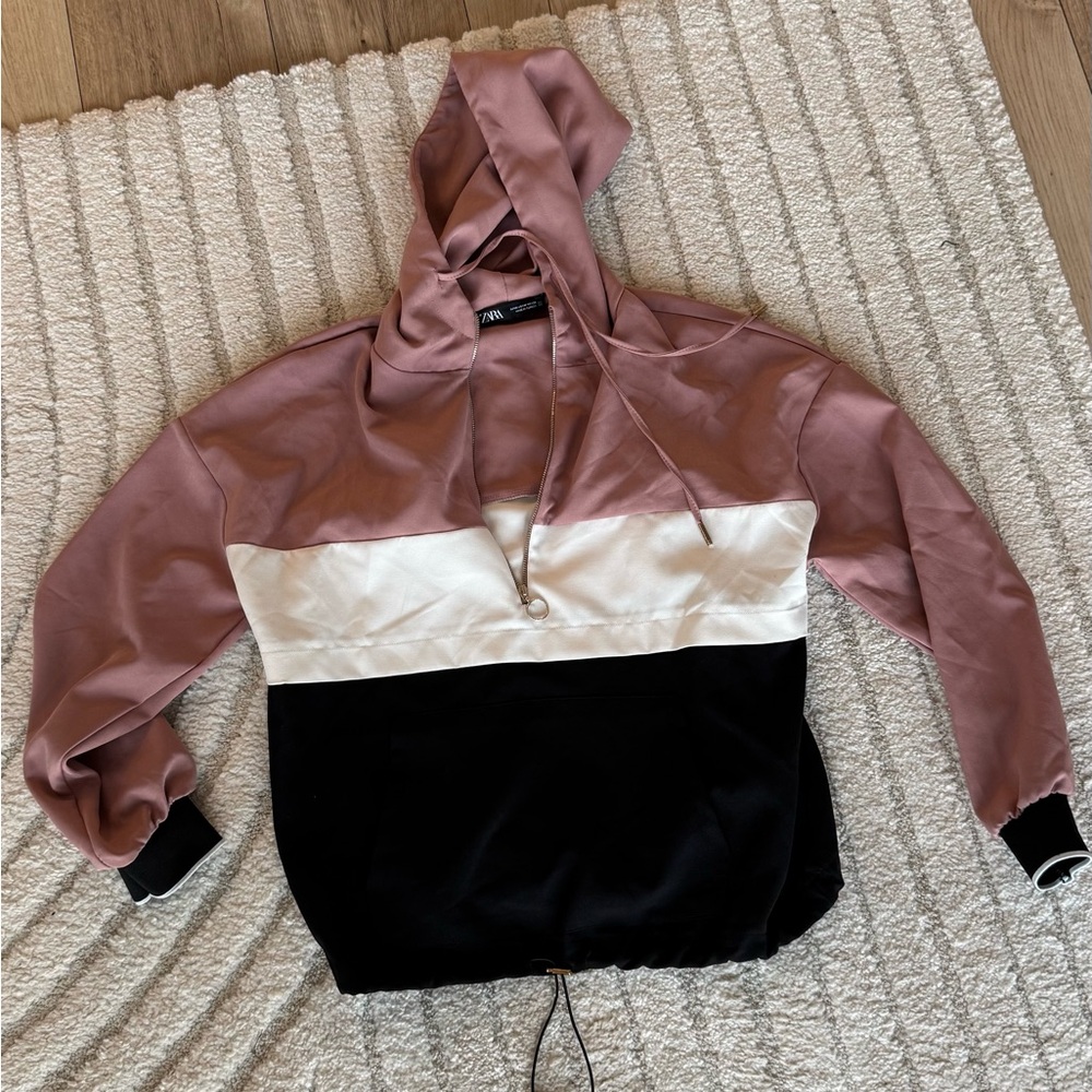 Zara Women's Pink, White, and Black Hoodie Jacket